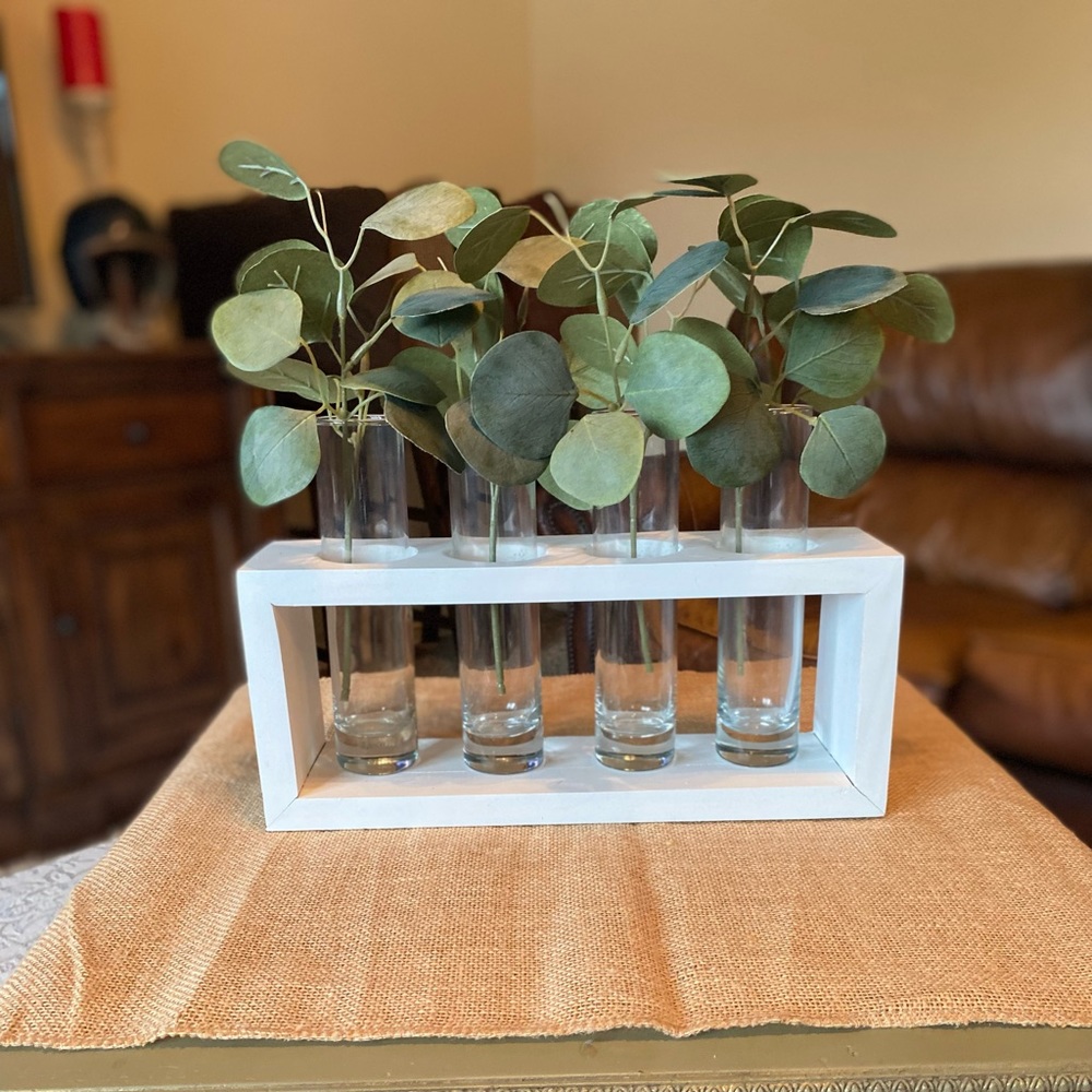 Home decor - wooden stand, glass vases & eucalyptus